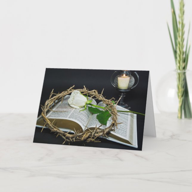 krona och vit ros på bibel helgkort (Framsida)