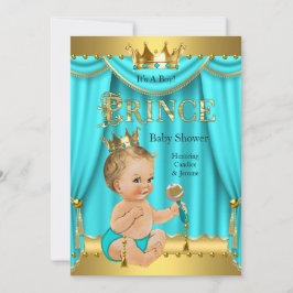 Krona Prince Baby Shower Guld Aqua Teal Blonde Boy Inbjudningar