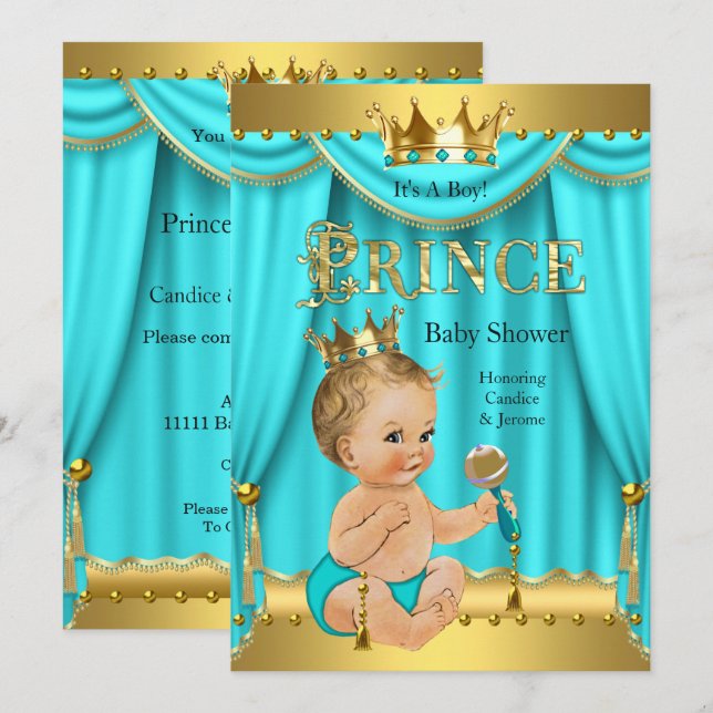 Krona Prince Baby Shower Guld Aqua Teal Blonde Boy Inbjudningar (Fram/baksida)