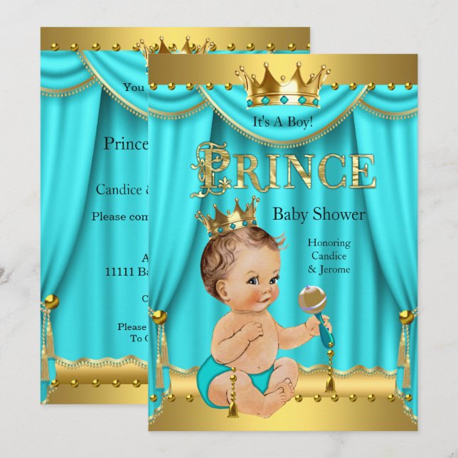 Krona Prince Baby Shower Guld Aqua Teal Brunette Inbjudningar (Fram/baksida)