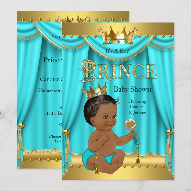 Krona Prince Baby Shower Guld Aqua Teal Ethnic Inbjudningar (Fram/baksida)