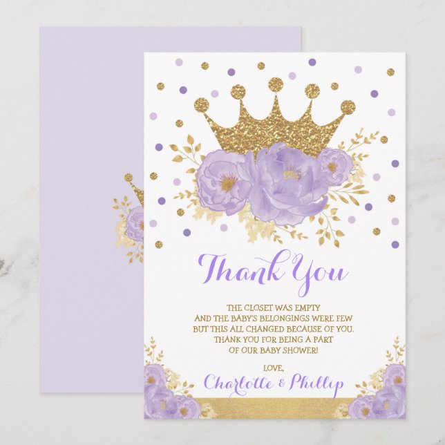 Krona Princess Baby Shower Lila Guld Blommigt Tack Kort (Fram/baksida)