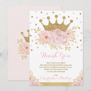 Krona Princess Baby Shower Royal Guld Blommigt Tack Kort
