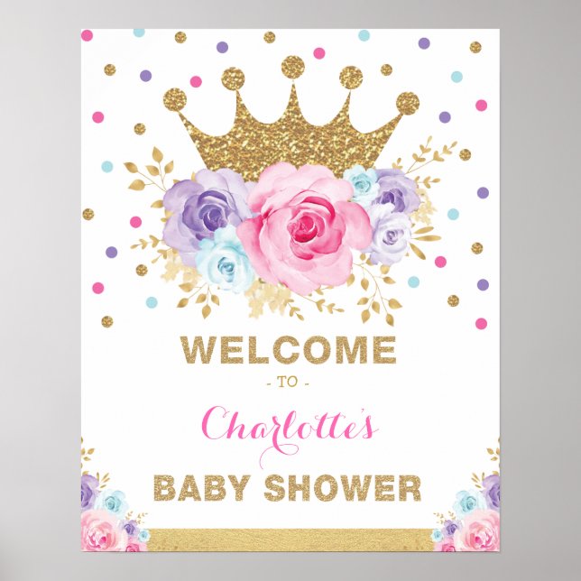 Krona Princess  Blommigt Baby Shower Välkommen Po Poster (Framsidan)