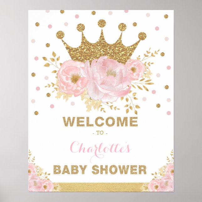 Krona Princess  Blommigt Baby Shower Välkommen Poster (Framsidan)