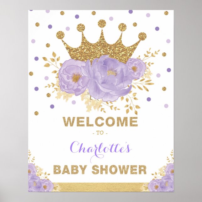 Krona Princess Lila Blommigt Baby Shower Välkommen Poster (Framsidan)