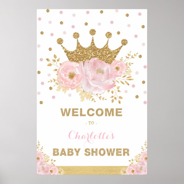 Krona Princess Rosa Flower Baby Shower Välkommen Poster (Framsidan)