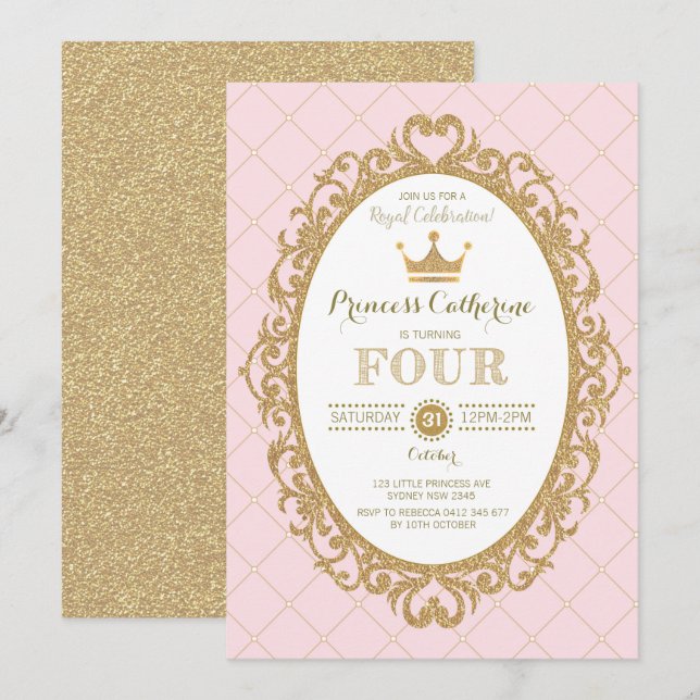 Krona Prinsessan 4e födelsedagen Royal Rosa Guld P Inbjudningar (Fram/baksida)