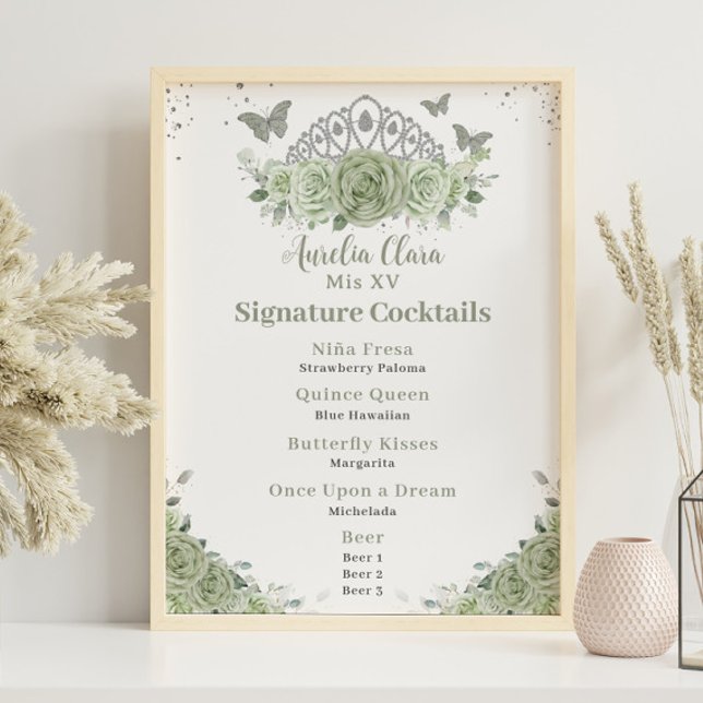 Krona Sage Grönt Blommigt Quinceanera Pub Drink Me Poster (Skapare uppladdad)