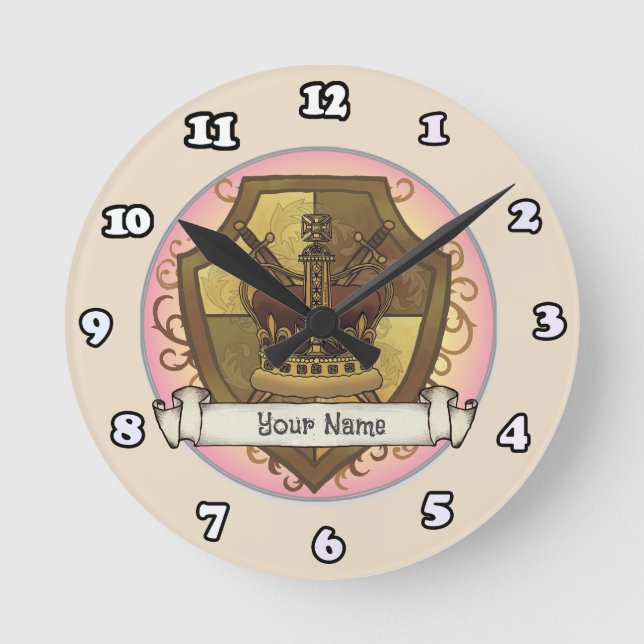 Krona Sword Shield-efternamnsklocka Rund Klocka (Framsida)