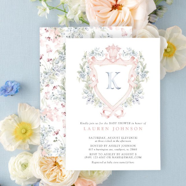 Krona Vapensköld Monogram Rosa Blue Baby Shower Inbjudningar (Baby Shower Invitation!)