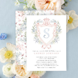 Krona Vapensköld Monogram Rosa Blue Baby Shower Inbjudningar