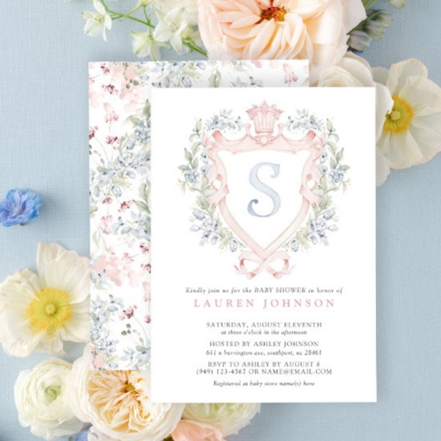 Krona Vapensköld Monogram Rosa Blue Baby Shower Inbjudningar (Baby Shower Invitation!)