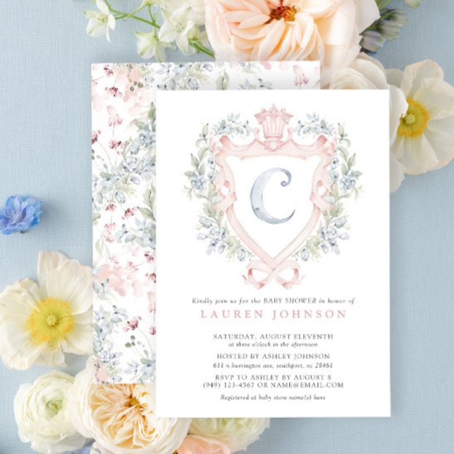 Krona Vapensköld Monogram Rosa Blue Baby Shower Inbjudningar (Baby Shower Invitation!)