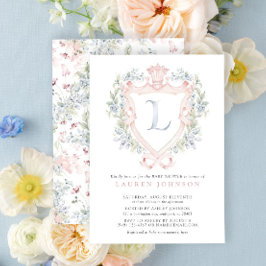 Krona Vapensköld Monogram Rosa Blue Baby Shower Inbjudningar