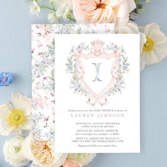 Krona Vapensköld Monogram Rosa Blue Baby Shower Inbjudningar (Baby Shower Invitation!)