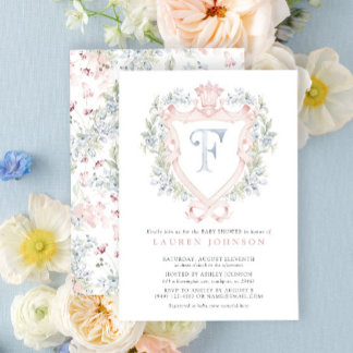 Krona Vapensköld Monogram Rosa Blue Baby Shower Inbjudningar