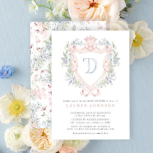 Krona Vapensköld Monogram Rosa Blue Baby Shower Inbjudningar