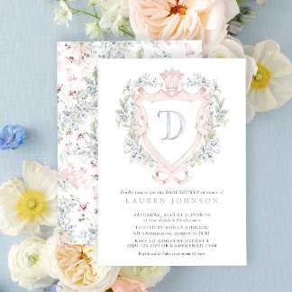 Krona Vapensköld Monogram Rosa Blue Baby Shower Inbjudningar