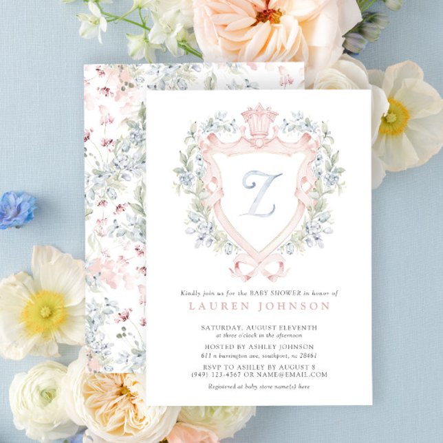 Krona Vapensköld Monogram Rosa Blue Baby Shower Inbjudningar (Baby Shower Invitation!)