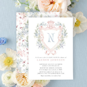 Krona Vapensköld Monogram Rosa Blue Baby Shower Inbjudningar