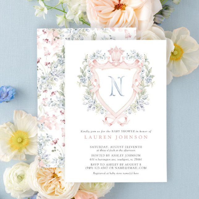 Krona Vapensköld Monogram Rosa Blue Baby Shower Inbjudningar (Baby Shower Invitation!)