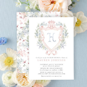Krona Vapensköld Monogram Rosa Blue Baby Shower Inbjudningar