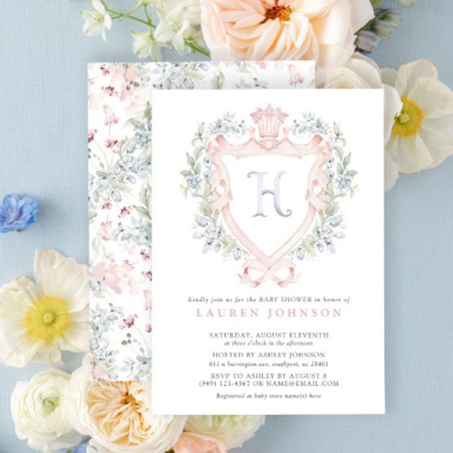 Krona Vapensköld Monogram Rosa Blue Baby Shower Inbjudningar (Baby Shower Invitation!)