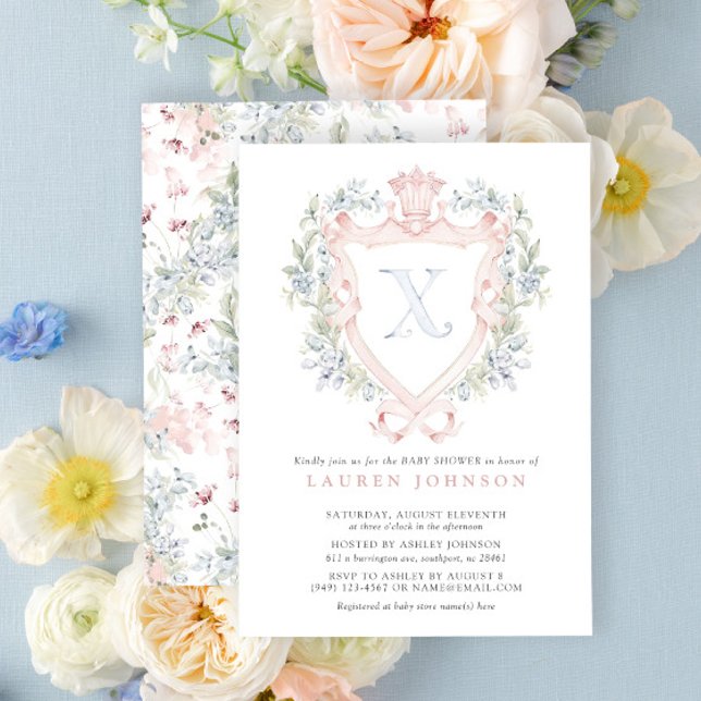 Krona Vapensköld Monogram Rosa Blue Baby Shower Inbjudningar (Baby Shower Invitation!)