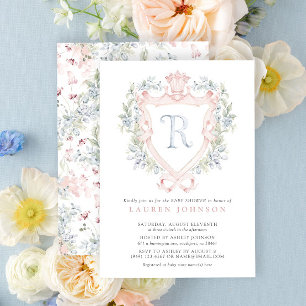 Krona Vapensköld Monogram Rosa Blue Baby Shower Inbjudningar