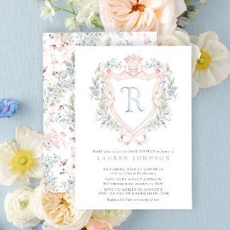 Krona Vapensköld Monogram Rosa Blue Baby Shower Inbjudningar