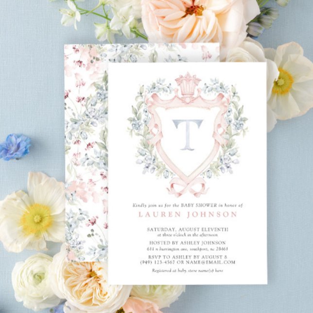 Krona Vapensköld Monogram Rosa Blue Baby Shower Inbjudningar (Baby Shower Invitation!)
