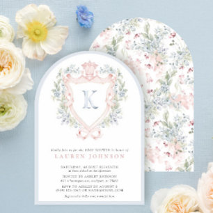Krona Vapensköld Monogram Rosa Blue Baby Shower Inbjudningar