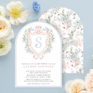 Krona Vapensköld Monogram Rosa Blue Baby Shower Inbjudningar