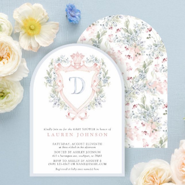 Krona Vapensköld Monogram Rosa Blue Baby Shower Inbjudningar (Skapare uppladdad)