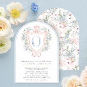 Krona Vapensköld Monogram Rosa Blue Baby Shower Inbjudningar
