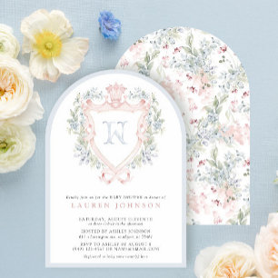 Krona Vapensköld Monogram Rosa Blue Baby Shower Inbjudningar