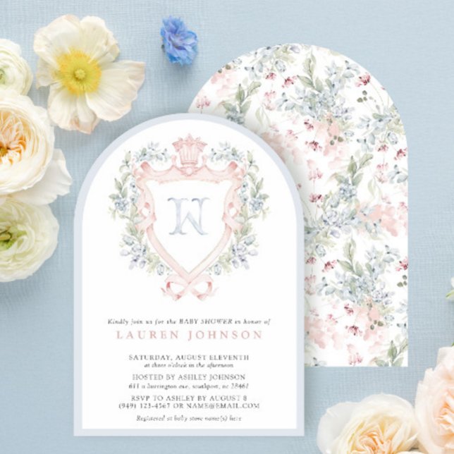 Krona Vapensköld Monogram Rosa Blue Baby Shower Inbjudningar (Skapare uppladdad)