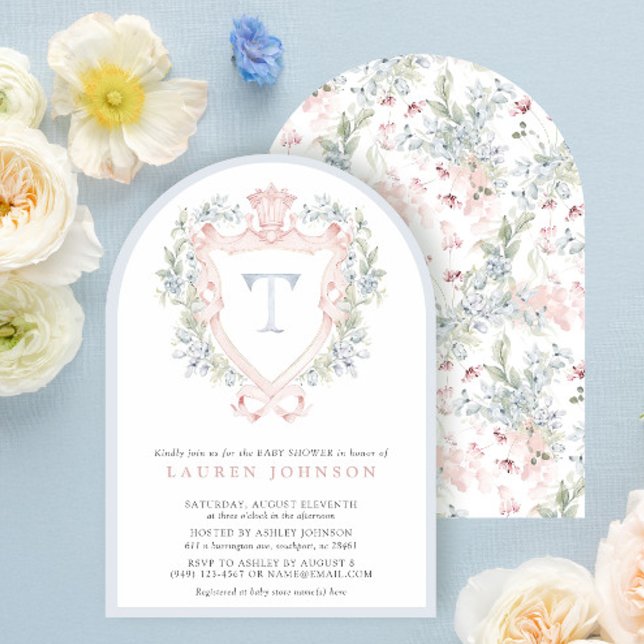 Krona Vapensköld Monogram Rosa Blue Baby Shower Inbjudningar (Skapare uppladdad)
