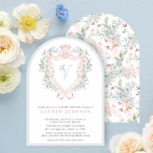 Krona Vapensköld Monogram Rosa Blue Baby Shower Inbjudningar