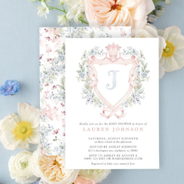 Krona Vapensköld Monogram Rosa Blue Baby Shower Inbjudningar (Easily personalize this crest baby shower invitation for a grand, beautiful baby shower!)