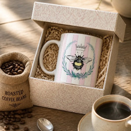Kronad Bina i Krans | Rosa & Vita Ränder | Kaffemugg