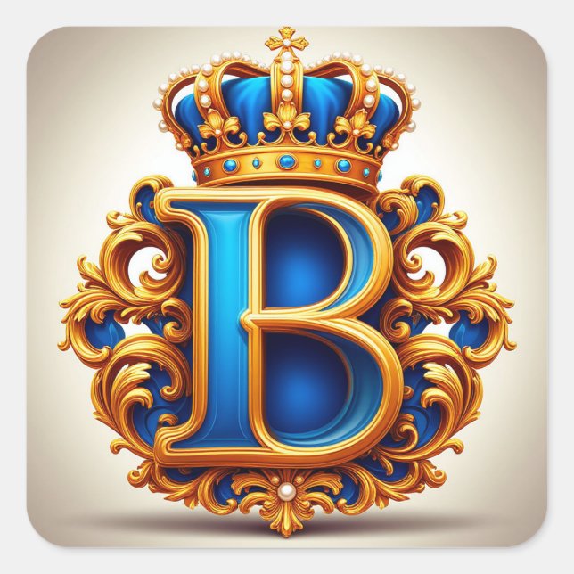 🔵 Kronad blå bokstav B monogram namn etikett ✨ (Framsida)