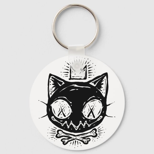Kronad Dödskalle Katt Nyckelring (Framsida)