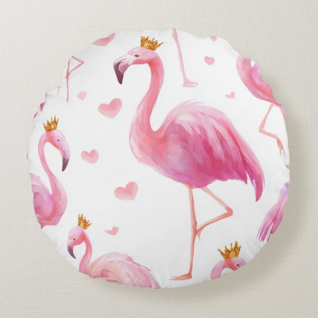 Kronad Flamingo – Lyxiga Öarvibbar Rund Kudde (Framsidan)