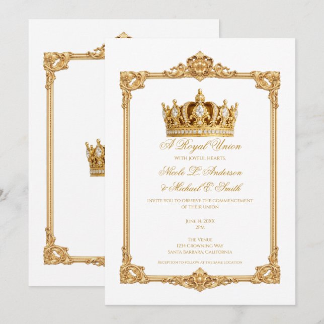 Kronad i Guld Kunglig Krona Elegant Bröllop Inbjudningar (Fram/baksida)