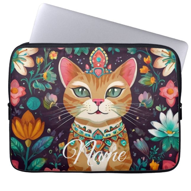 Kronad Juvelbesatt Katt  Laptop Fodral (Framsidan)