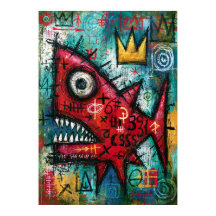 Kronad röd monsterfisk Neo-Expressionistisk konst