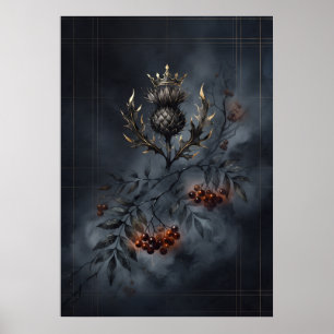 Kronad skotsk tistel rönn mörk tartan affisch