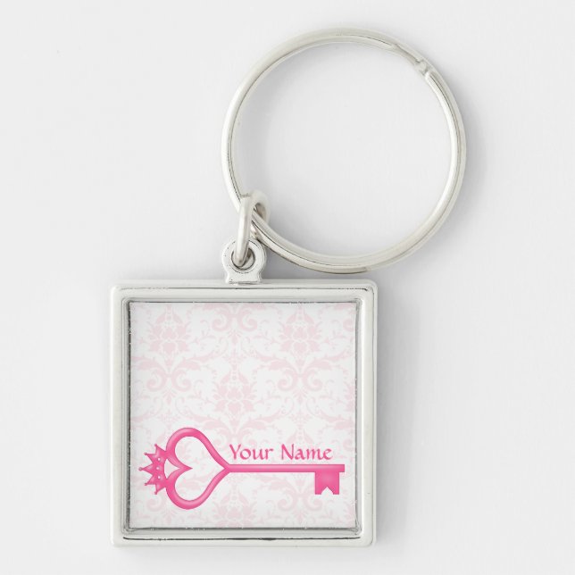 Kronahjärtanyckel Fyrkantig Silverfärgad Nyckelring (Framsidan)